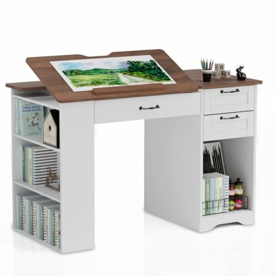Drafting Table with Storage Cabinet and Drawers Adjustable Drawing Table with Open Shelves Craft Art Desk for Artists Painters