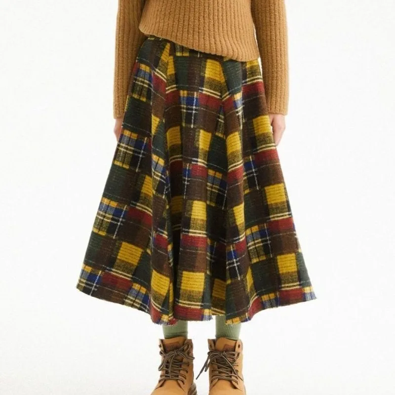 Vintage Plaid Bohemian A Line Skirt with Elastic Waist Loose Boho Style Mid Length Skirt for Women Spring Autumn Versatile Dress