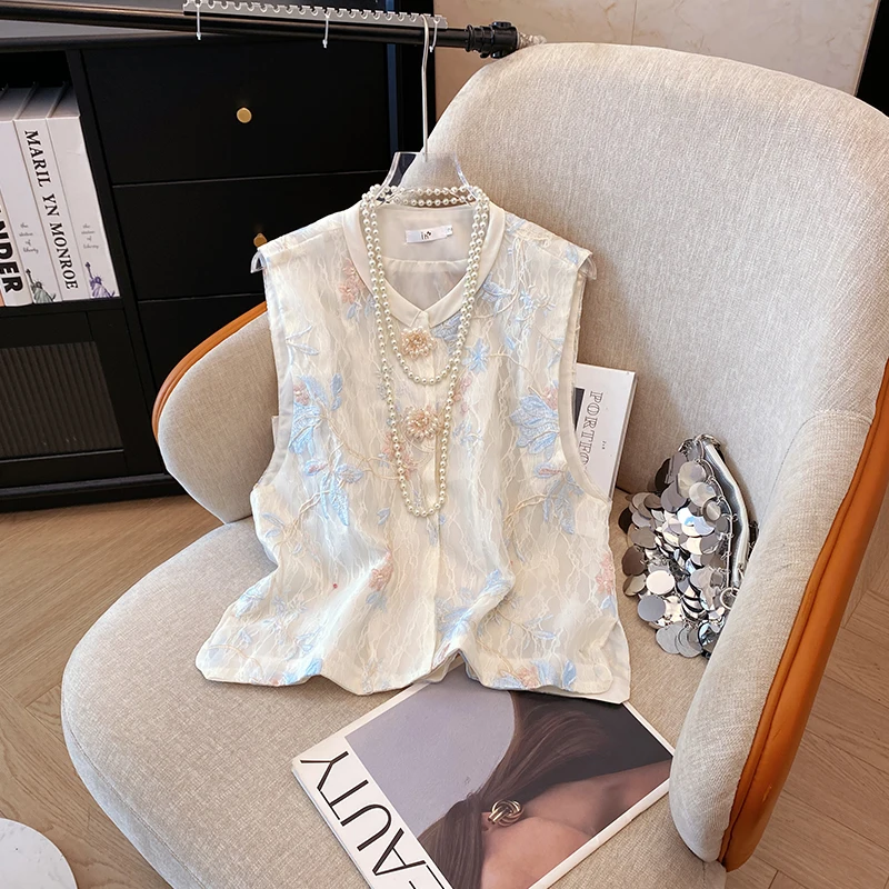 Floral Embroidered Vest Women Retro Chinese Vintage Ethinic Style Sleeveless Tops Oversized
