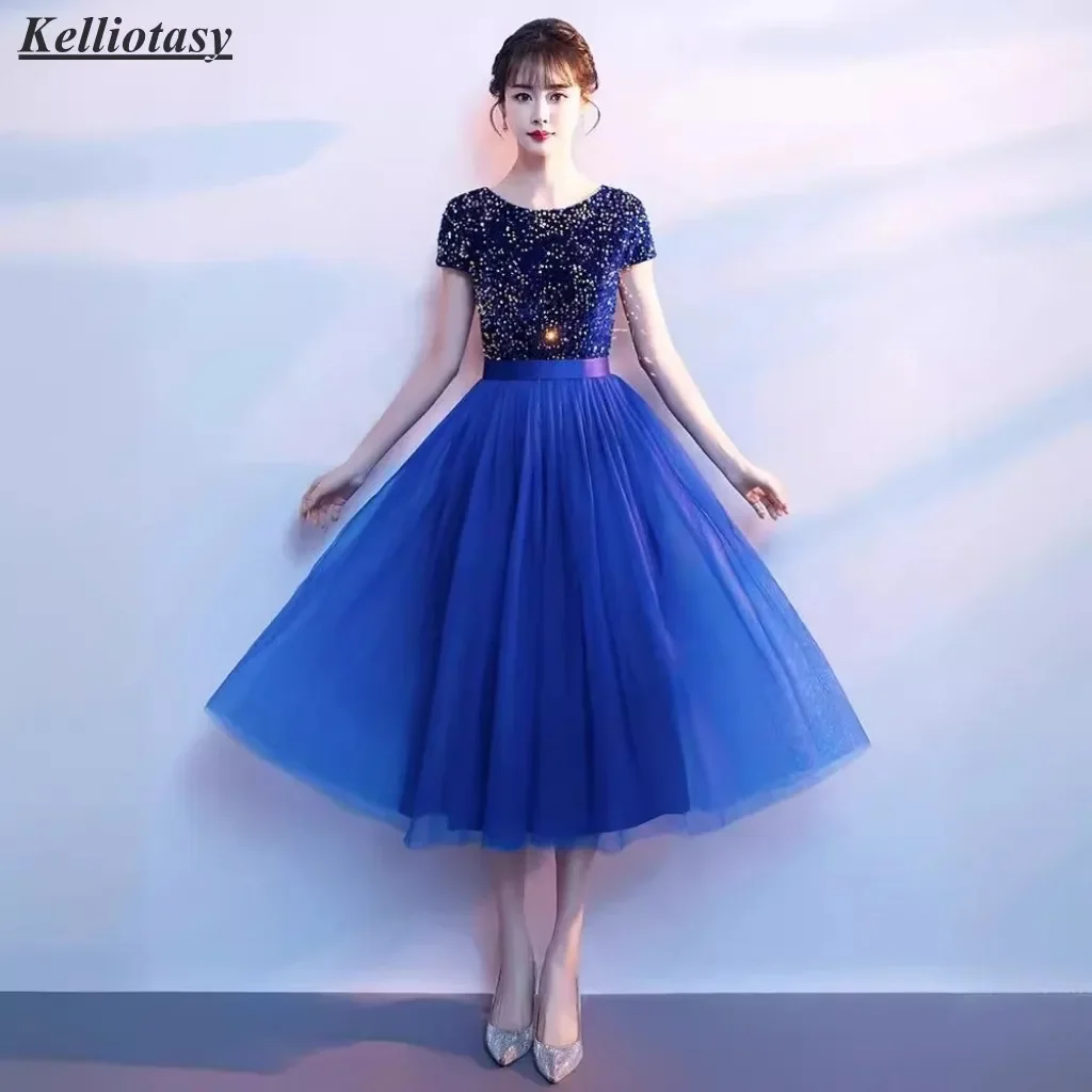 Customized Royal Blue Tea Length Bridesmaid Dresses Short Sleeve Modest Wedding Party Gown For Women