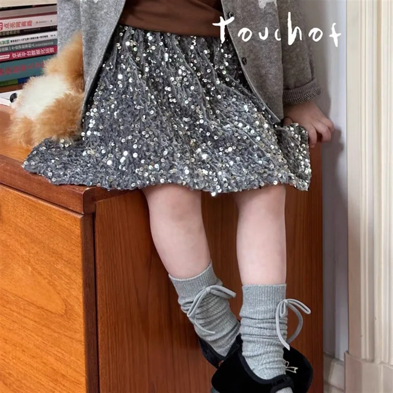 Korean Children Clothing 2024 Autumn New Korean Girls Cartoon Knitted Cardigan Coat Sequined Half Skirt