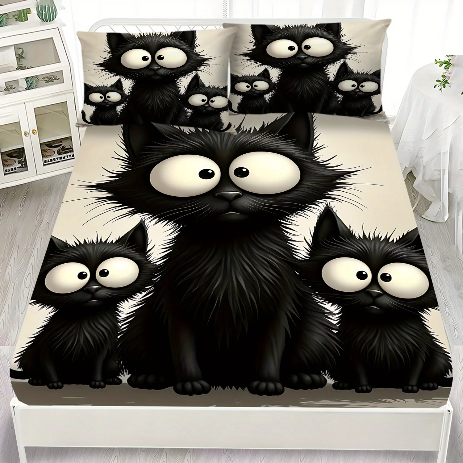 

Black Cat Whimsy Cozy Fitted Sheet Set and 2 Pillowcases Bedding Set for Home and Dorm Decor Soft and Machine Washable