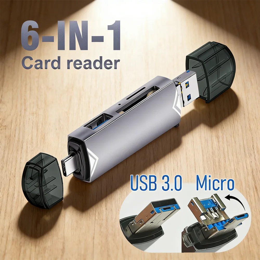 6-in-1 OTG Card Reader (USB 3.0): SD/TF Memory Card Adapter, Universal USB-C Reader for Phone, Laptop, Camera, PS4, Car
