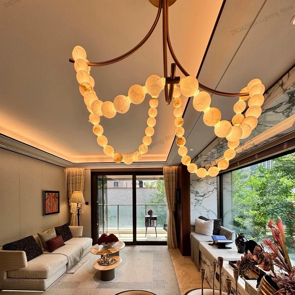 

American Design Pearl Marble Chandelier with Imported Spanish Stone Round Shape Brass Black Nickel Finish Dimmable Feature