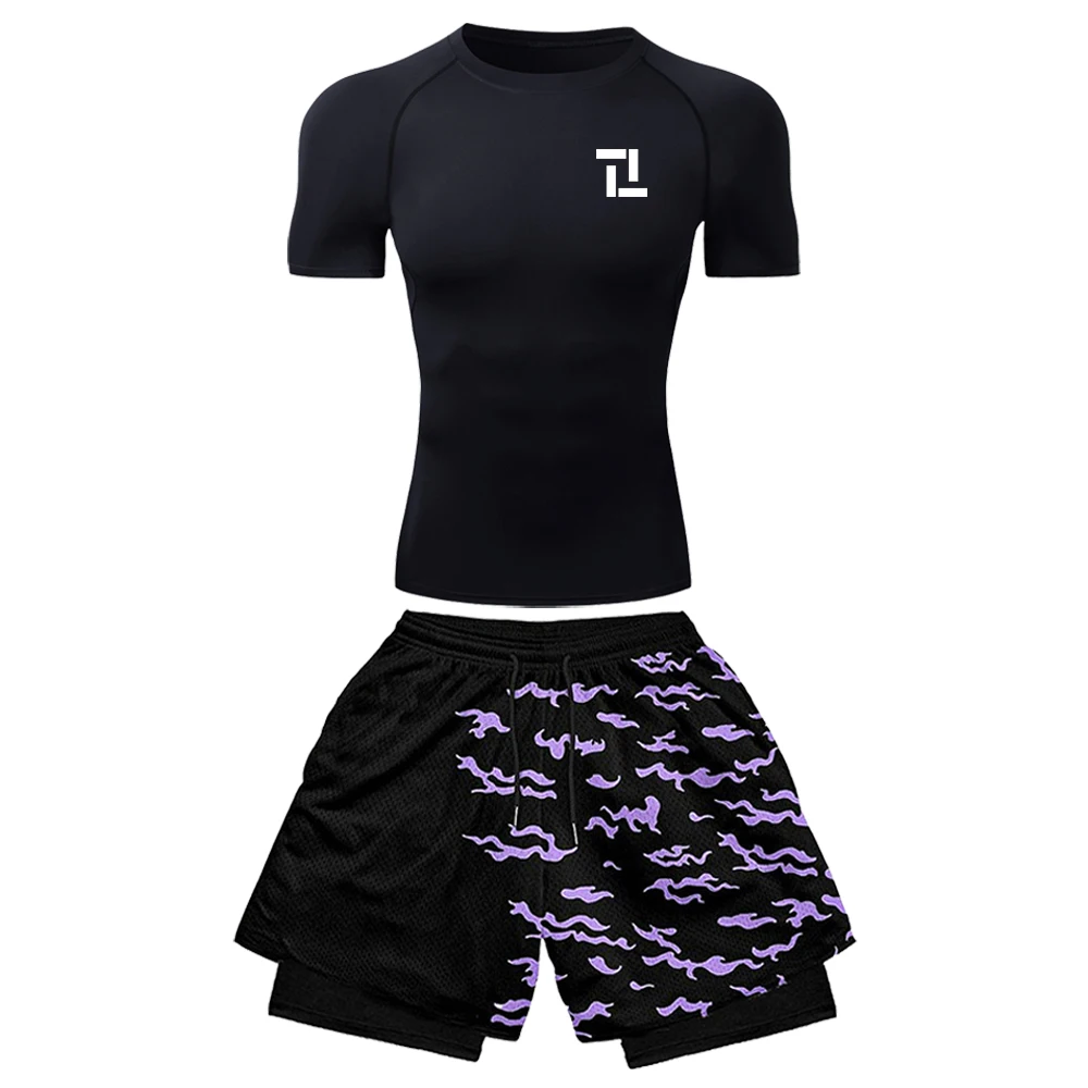 Rashguard Men's Fitness Sportswear Workout Set Compression T-shirt & Purple 3D printed sports shorts  Double Layer Shorts