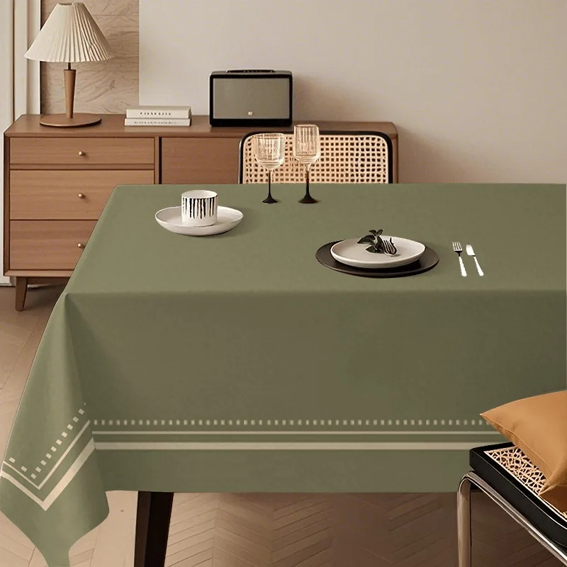 Retro and simple border tablecloth in olive green classic color. Elegant arrangement for living room and dining room.