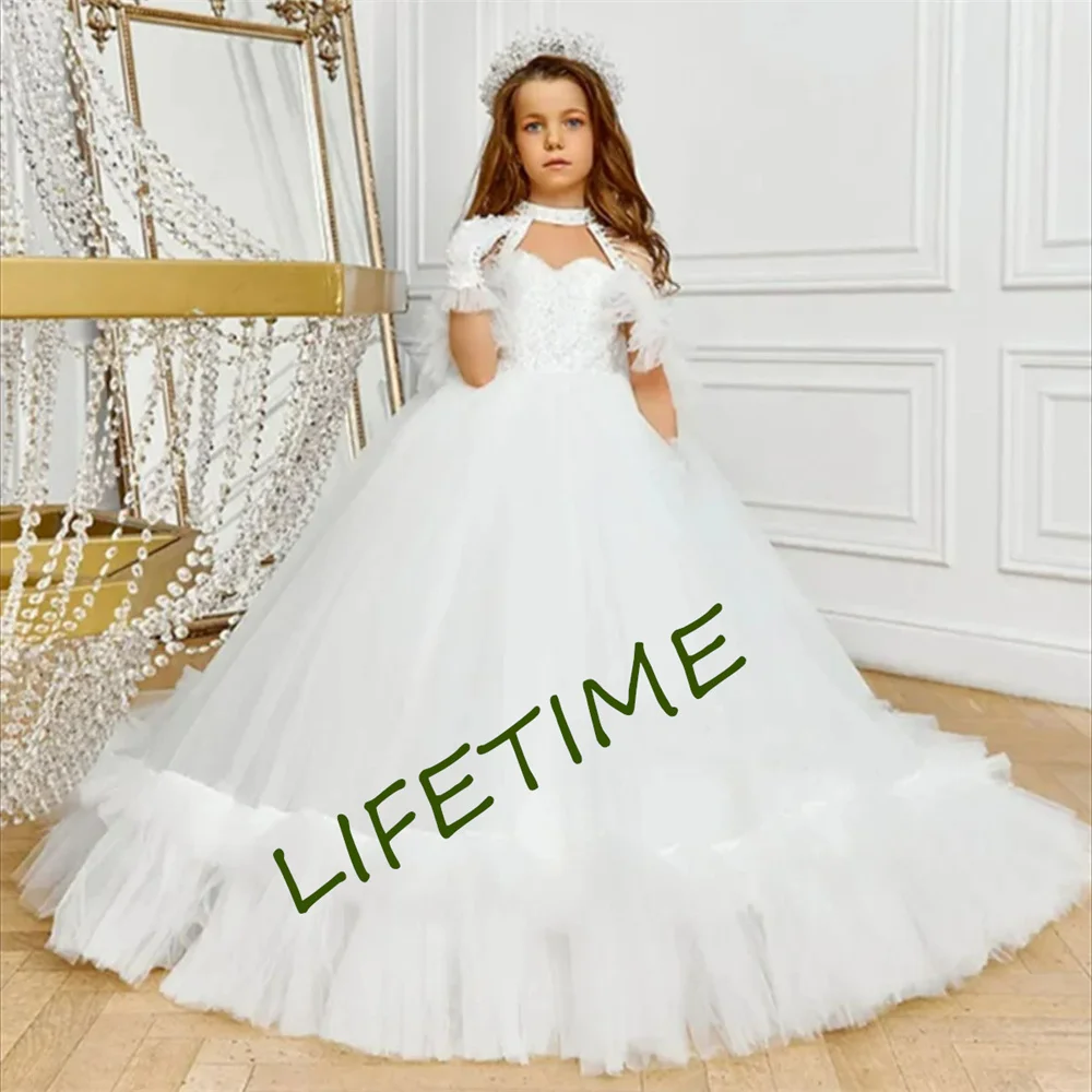 White Satin Flower Girl Dress For Wedding Applique Half Sleeve Beaded Wirth Bow Child's First Eucharistic Birthday Party Dresses