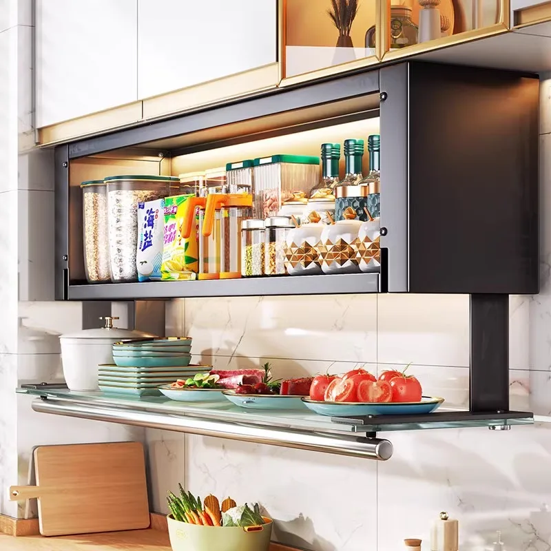 Kitchen shelf, wall hanging cabinet, hanging cabinet below thickened glass, household seasoning rack, vegetable