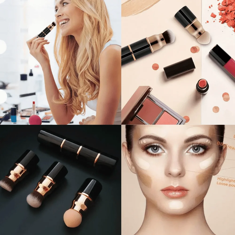 Nova combinação de pincéis de maquiagem 3 em 1: pincel de base, pincel de pó, esponja, cosmético portátil multifuncional