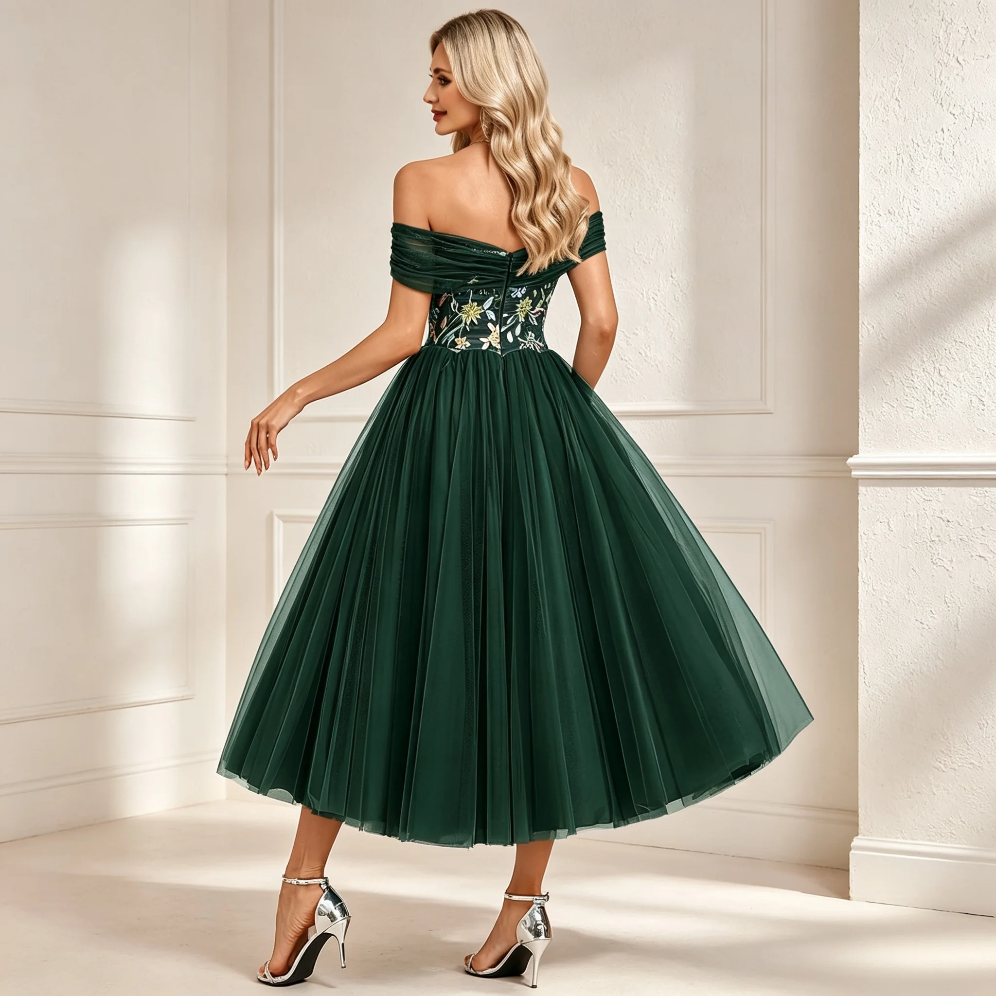 Off Shoulder Tulle Midi Dress Twisted Bust Floral Embroidery A Line Wedding Guest Formal Party Gown Customized