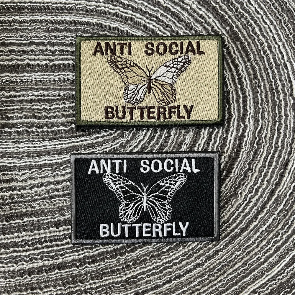 ANTI SOCIAL  Tactical Butterfly Embroidered Patches on Clothing Hook and Loop Patch Backpack Applique for Clothes