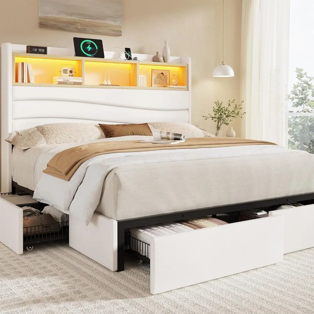 

King Size Linen Upholstered Platform Bed with 6 Drawers, Charging Station, LED Lights, 2-Tier Wave Design, No Box Spring Needed,