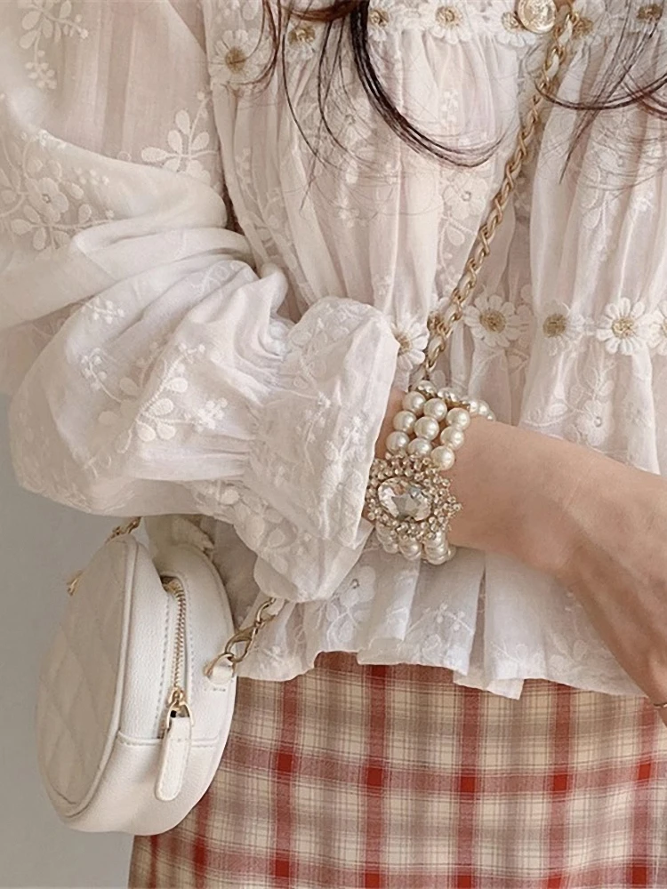 Dulce V-Ne encaje irt coreano Sle suelto nueve puntos Bell Sve mujer verano Faionable Top viaje Sle bordado