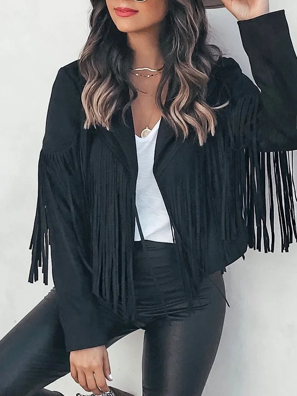 

Women's Short Fur Trimmed Leather Jacket Velvet Lapel Fringed Autumn Winter Fashion Outerwear Straight Cut Synthetic Leather