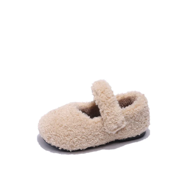 Autumn Winter Children Furry Shoes Fashion Warm Kids Princess Shoes Korean Style Shallow Girls Shoe Cover Toe Plush Flat Shoes