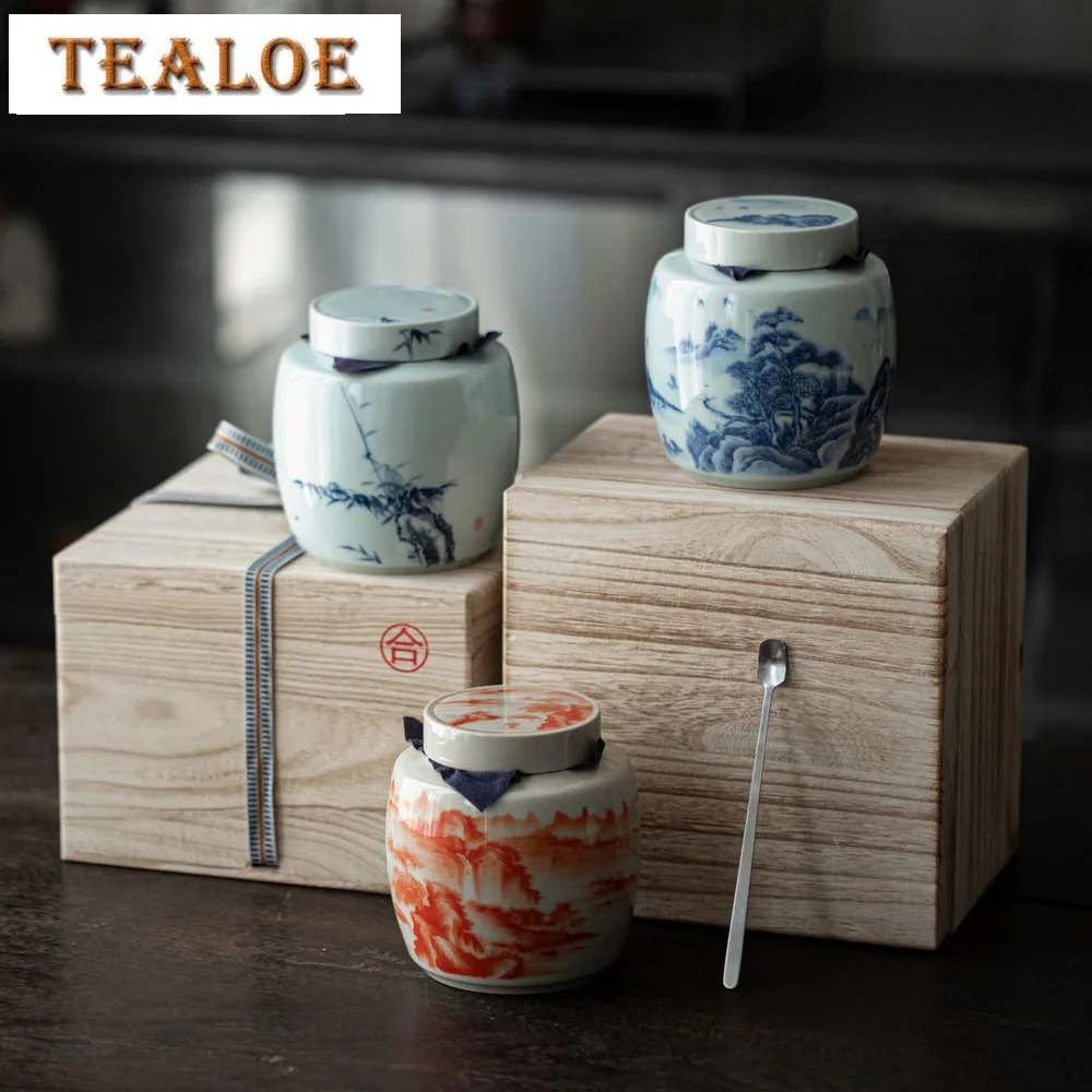 

Chinese Landscape Porcelain Tea Box Organizer Luxury Storage Tank Containers Awakening Tea Caddy Puer Cha Ornaments Wood Box