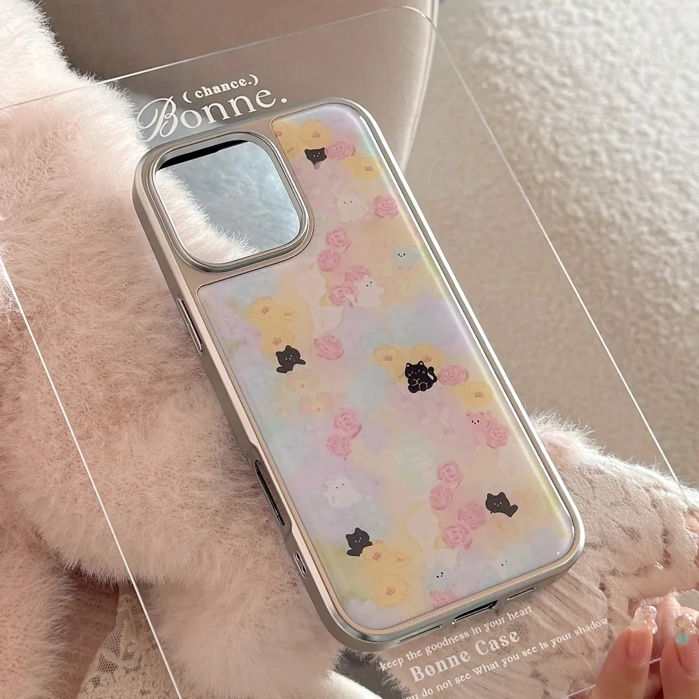 Ins زهرة البحر القط نمط الفضة حافة الايبوكسي مكافحة الإفلات جراب هاتف آيفون XR/11/12/13/14/15/16/17 برو ماكس جراب هاتف