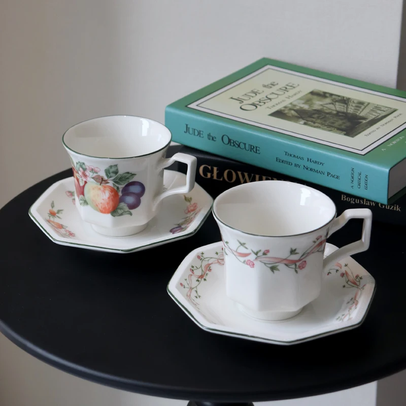 Vintage Berries Green Edged Octagonal Coffee Cup, Dish, Handmade Thread Drawing Black Tea, Afternoon Tea Cup, Casual Teacup