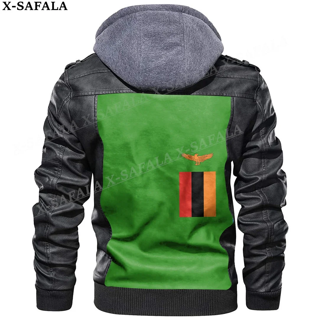 Zambia Flag Leather Jacket Men Winter Fleece Motorcycle Faux Leather Jacket Removable Fur Collar Windbreaker Coat-1