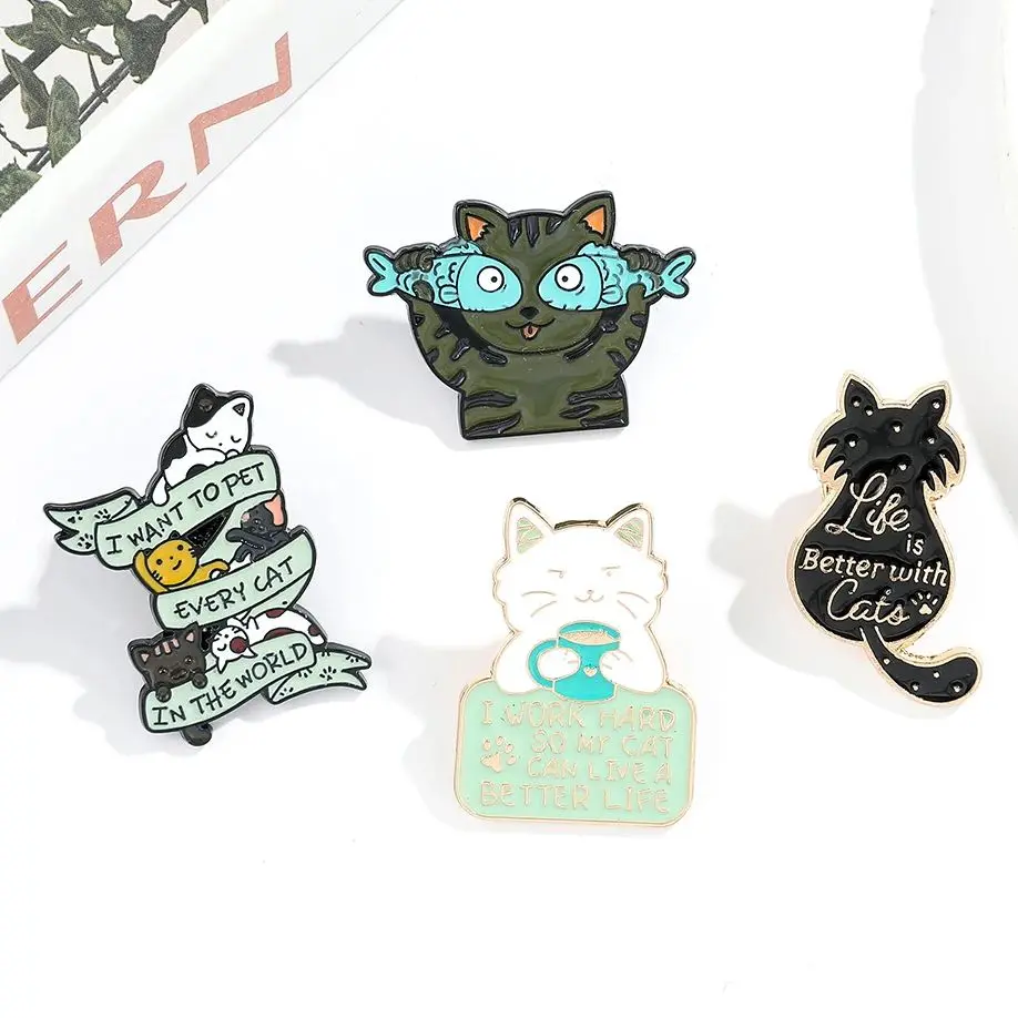 Life Is Better Cats Enamel Brooches Cartoon Cat Fish Coffee Shirt Lapel Pin Bag Cute Kids Animal Badge Jewelry Gift for Friends