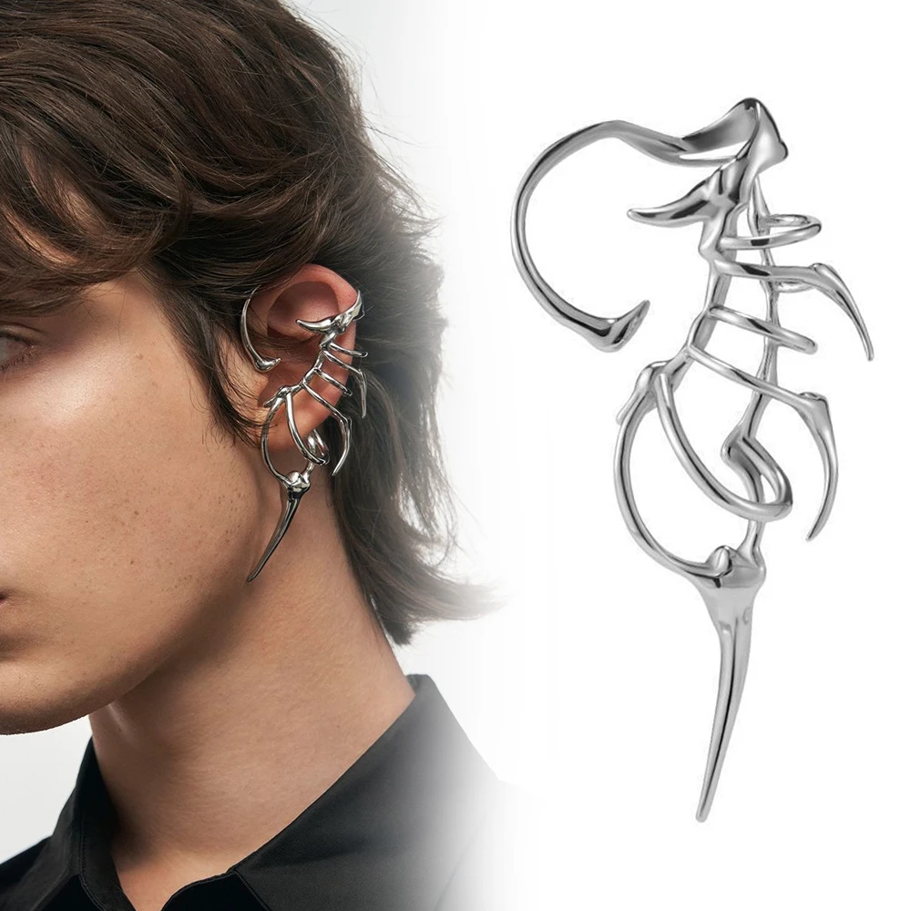 Cyberpunk Rib Bone Ear Clip Unisex Hip Hop No Puncture Earring Rock Silvery Metal Ear Buckle Halloween Jewelry Accessories