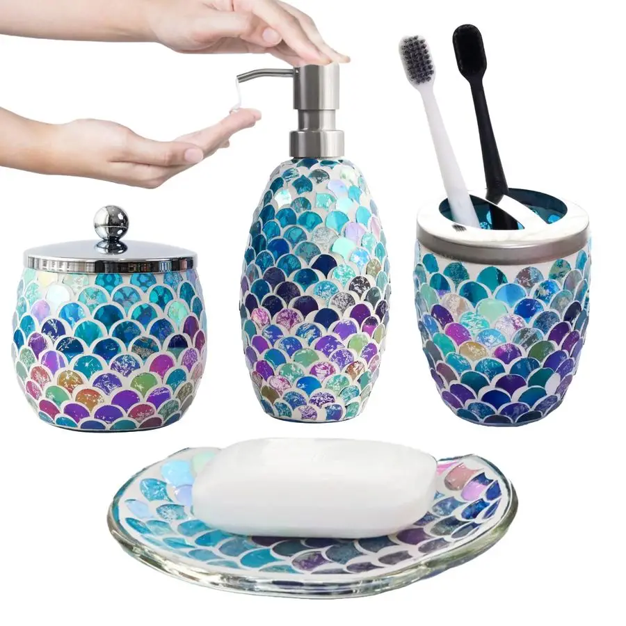

Набор аксессуаров для ванной комнаты «Русалка», 4 предмета: роскошный дозатор для мыла, держатель для зубных щеток, стеклянная банка для ватных дисков, мыльница.