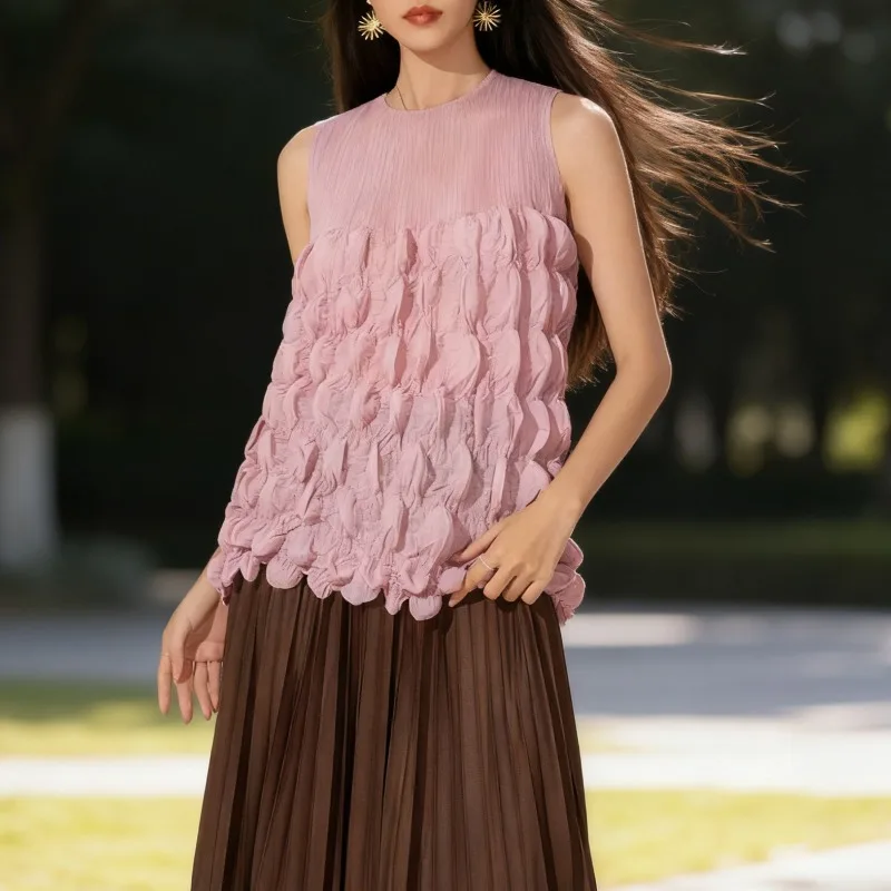 

Miyake Bubble Pleated Sleeveless Top Simple Casual Temperament Commuting Versatile Thin Stretch T-shirt Undershirt Wrinkle-Free