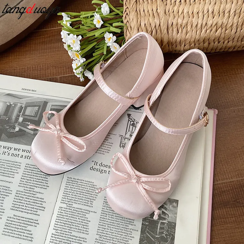 2024 Spring summer Mary Jane Shoes Women Fashion Shallow Round Toe Single Shoes Ladies French elegant bow party dress pumps