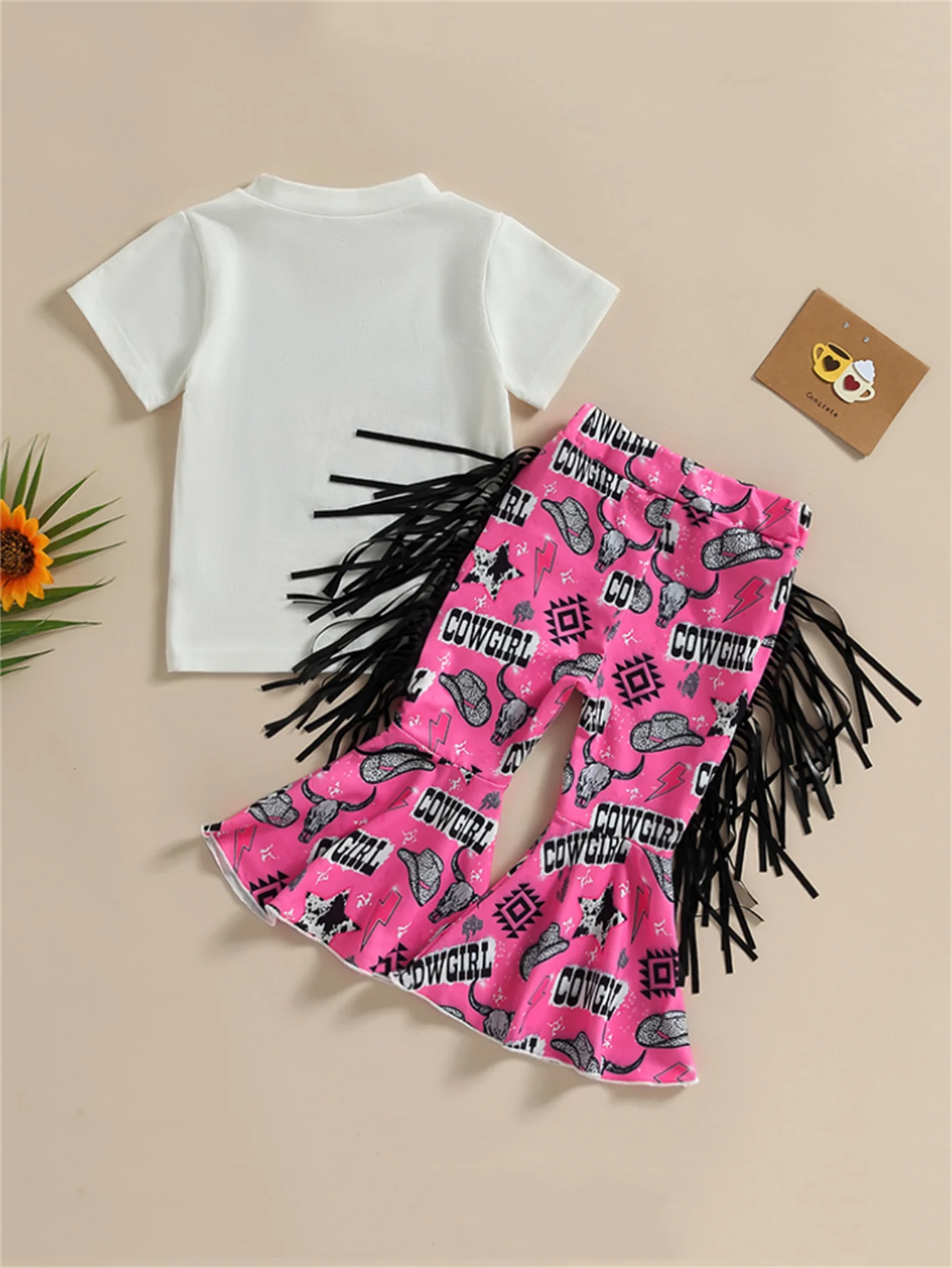 2pcs Toddler Girls Western Cowboy Hat And Letter Graphic Casual T-Shirt Tops & Tassel Bull Head And Lightning Graphic Flare Leg