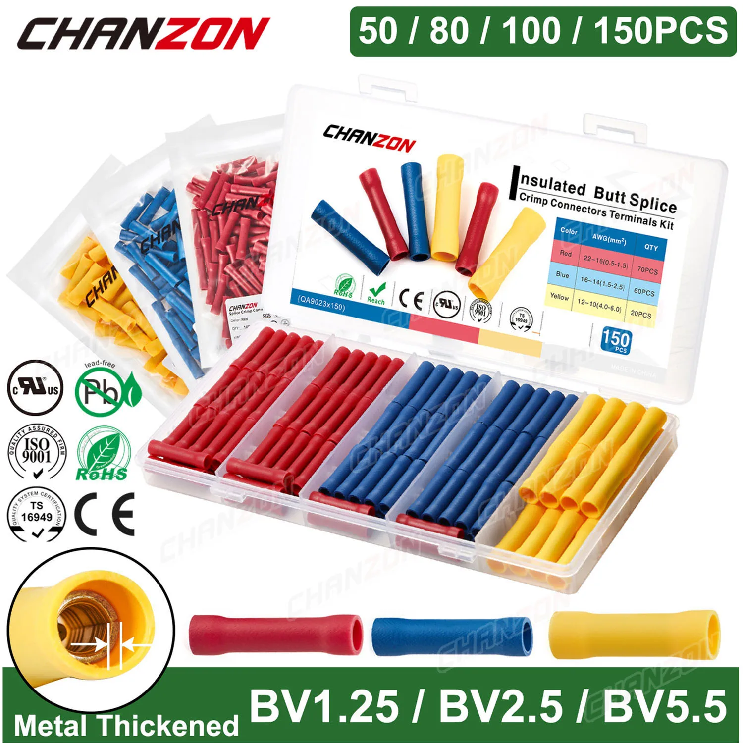 50-150PCS Insulated Wire Joint Butt Connector Kit Pvc Cord Electrical Cable Wirefy Splice Crimp Terminal Tool Bv1.25 Bv2.5 Bv5.5