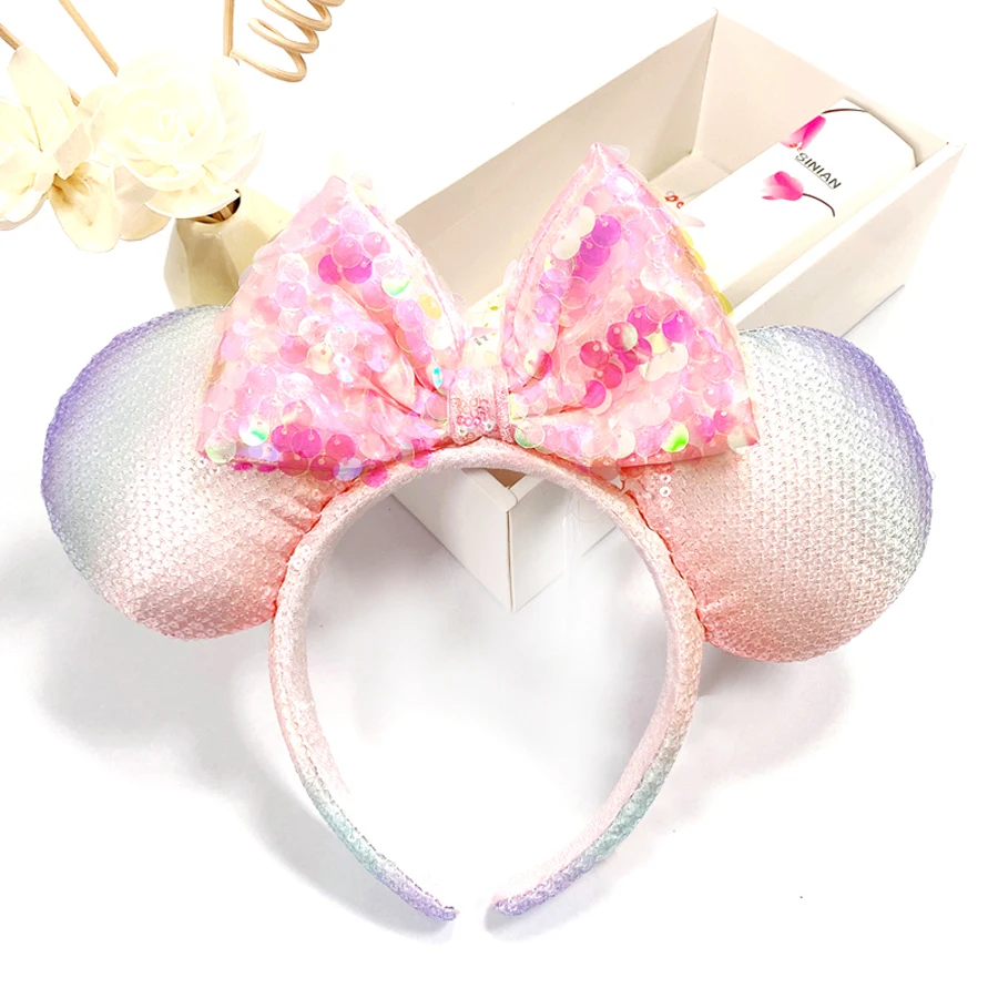

Mickey Mouse Ear Headbands Pink White Sequin Bow Hairbands Halloween Christmas Birthday Party Princess Cosplay Costume for Women