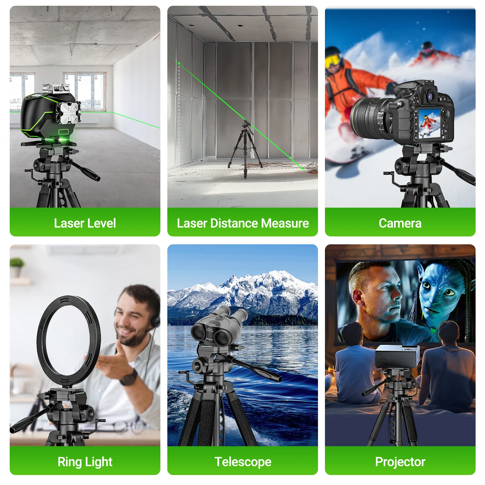 Huepar t16a tripé ajustável multifuncional 63 "/160cm nível laser tripé câmera telêmetro suporte com cabeça pan giratória de 3 vias