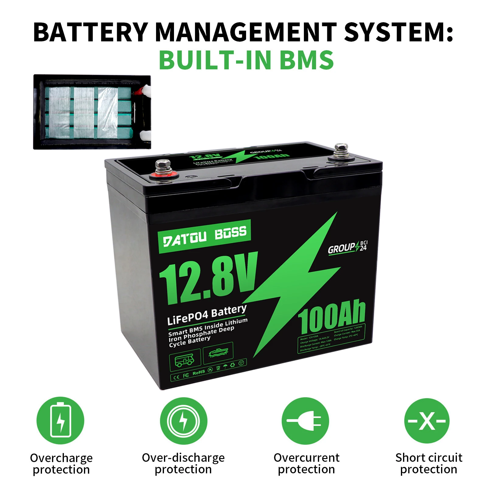MFUZOP 12V 100Ah LiFePO4 Battery with Low-Temp Protection, Built-in 100A BMS, Max. 15000 Cycles, Perfect for Trolling Motors, RV image 2