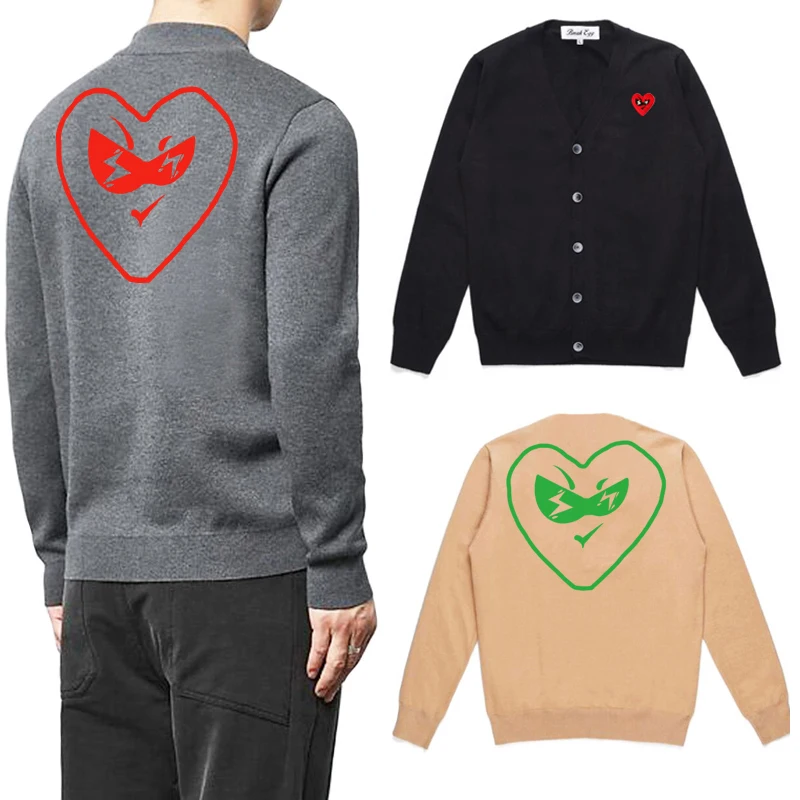 

Break Egg Men Cardigan Heart Glasses Embroidery Back Colorful Hollow Love Print Cotton V-neck Single-breasted Autumn Sweater