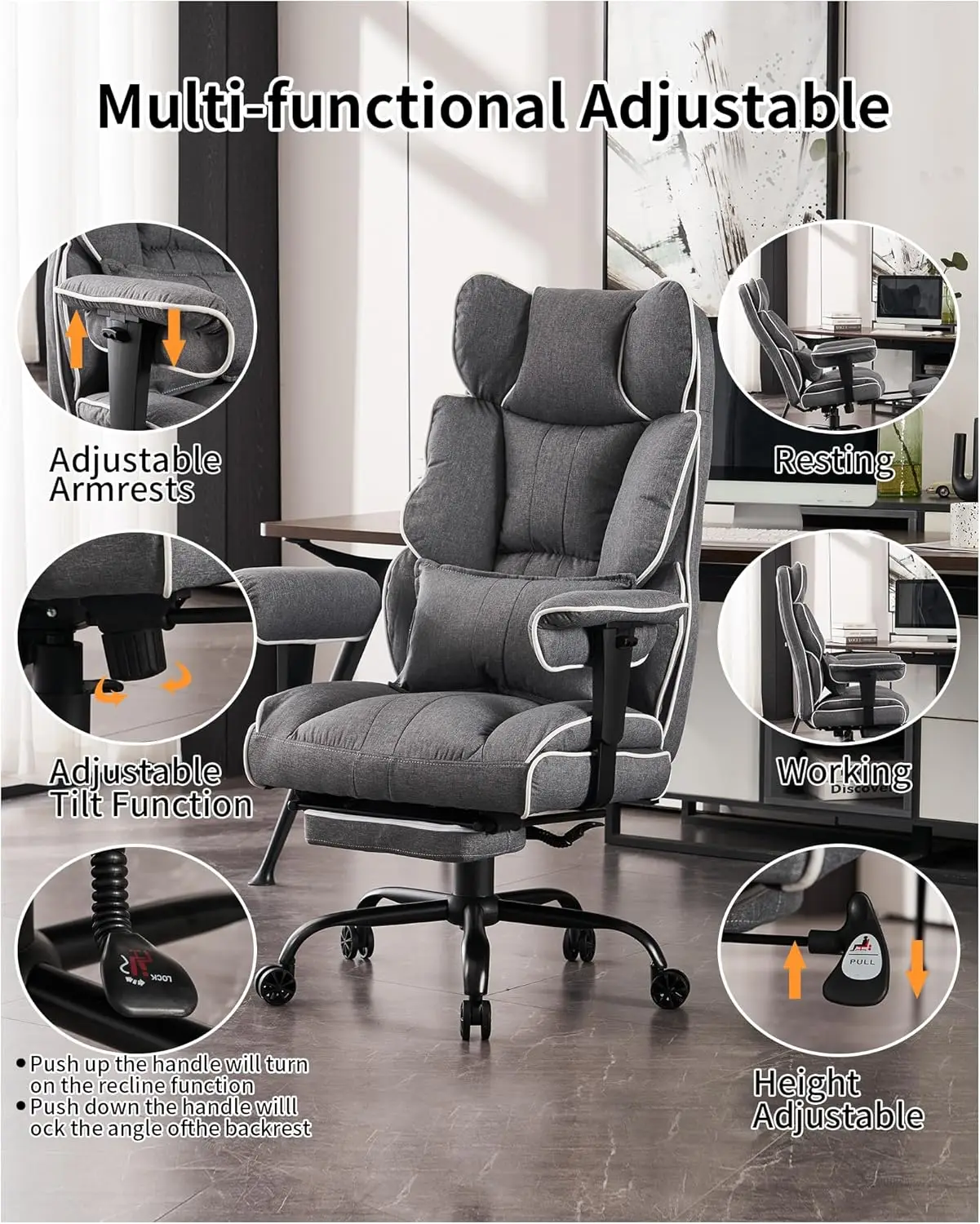 Fabric Office Chair, Big and Tall Office Chair 400 lb Weight Capacity, High Back Executive Office Chair with Foot Rest