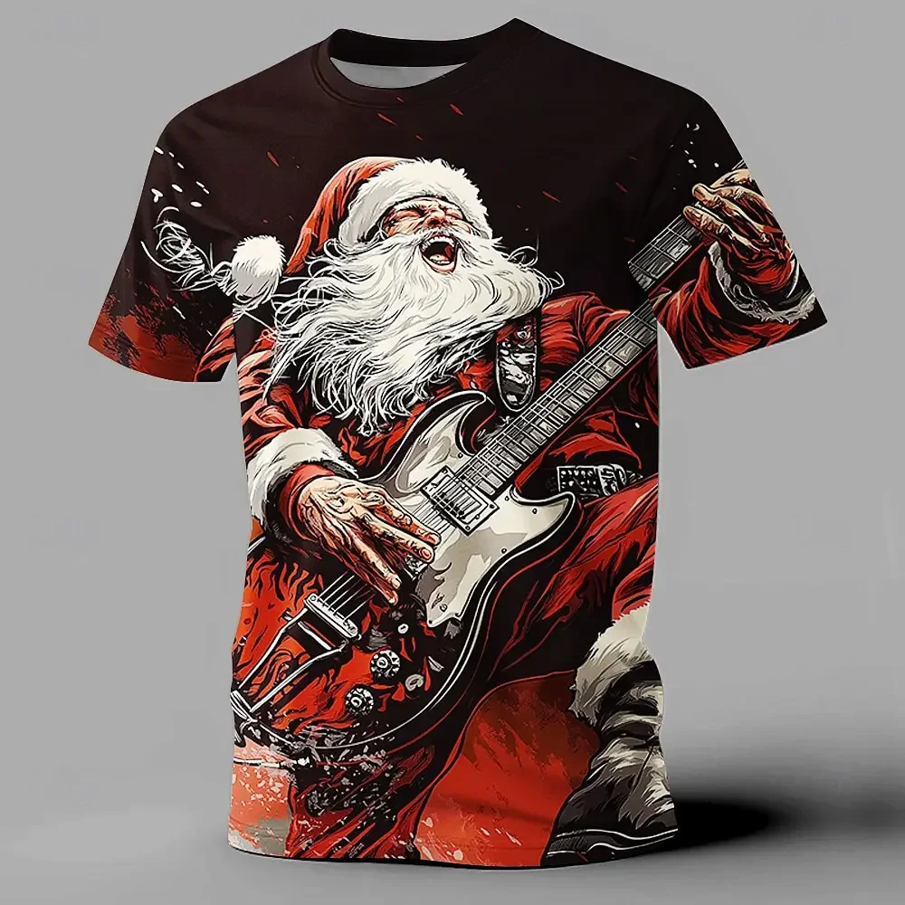 Christmas Fun Santa Claus Music Printed Men's Clothing Designer Short Sleeve Loose Plus Size T-shirt Top
