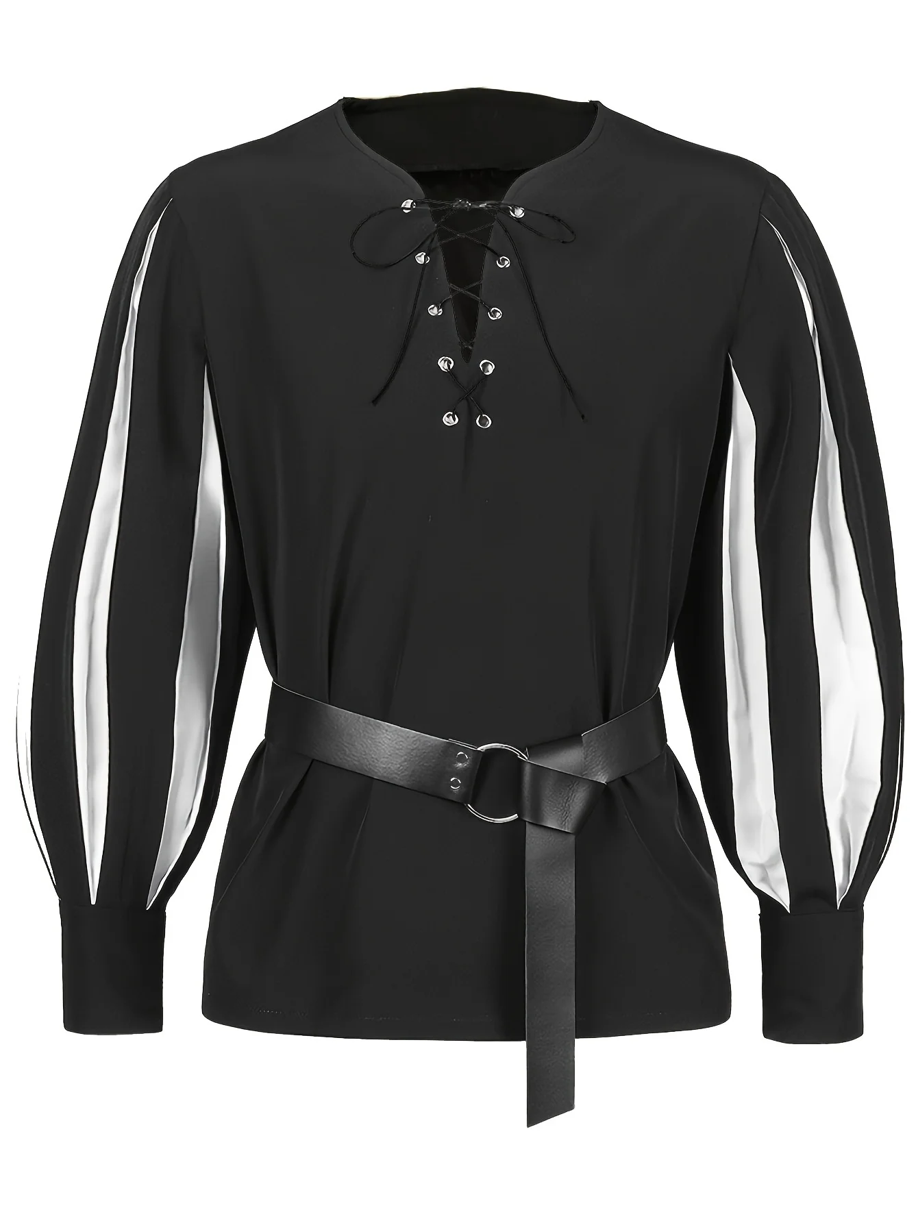 

(with belt) European and American retro medieval drama performance color blocked strap collar shirt top