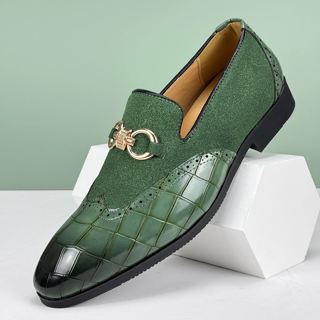 Men's Formal Leather Shoes British Style Oxford Loafers Pointed Toe Non-Slip Business Dress Wedding Office Green Footwear