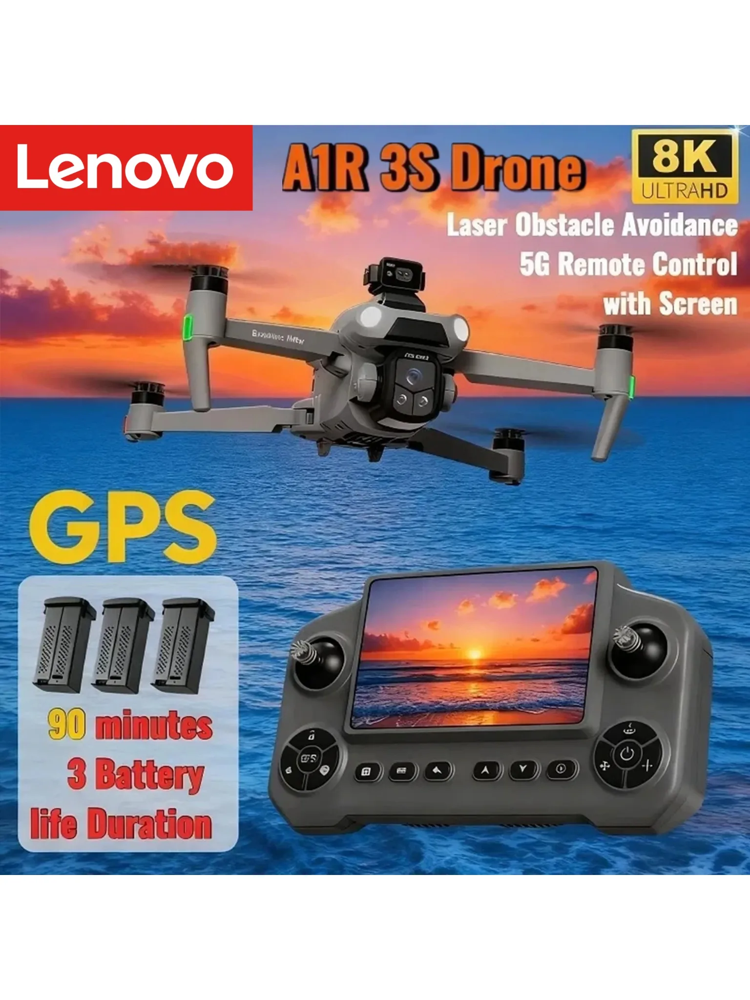 Lenovo A1R 3S GPS Drone 8K Professionele HD Camera 360 °   Laser Obstakelvermijdende Borstelloze Motor 5G WIFI FPV Quadcopter Speelgoed - afbeelding 2