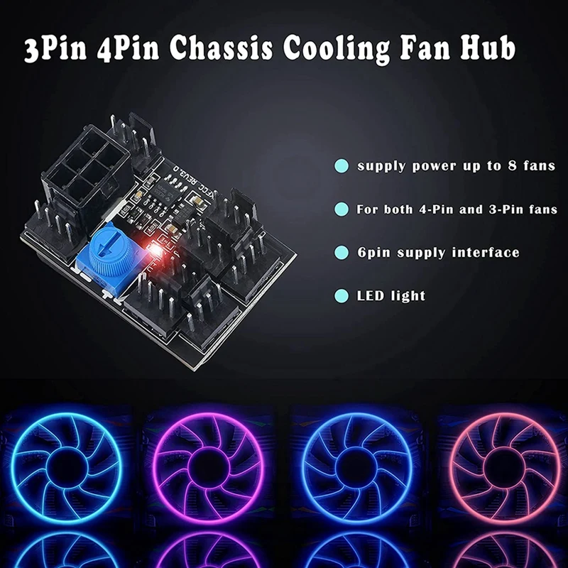 2X 3-Pin 4-Pin Fan Adapter PWM PC Case Cooling Fan Hub 8-Way Splitter 12V Speed Controller With 6-Pin Power Port