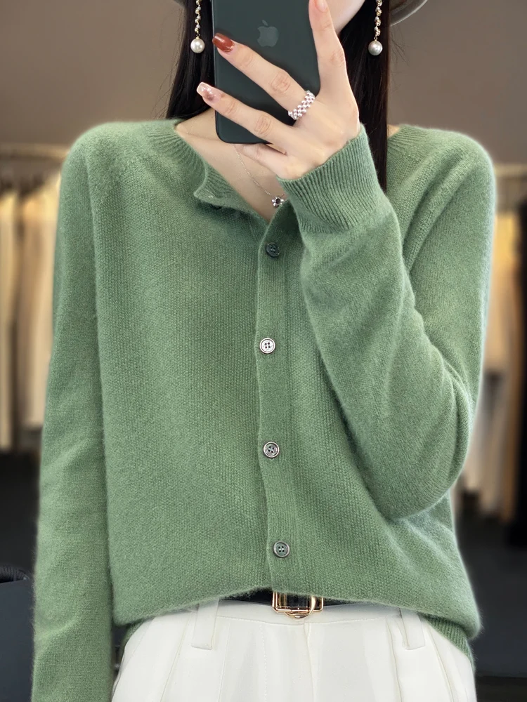 Fashion Spring Autumn Women O-Neck Long Sleeve Cardigan Sweater Basic Casual 100% Merino Wool KnitwearSolid Soft Clothing