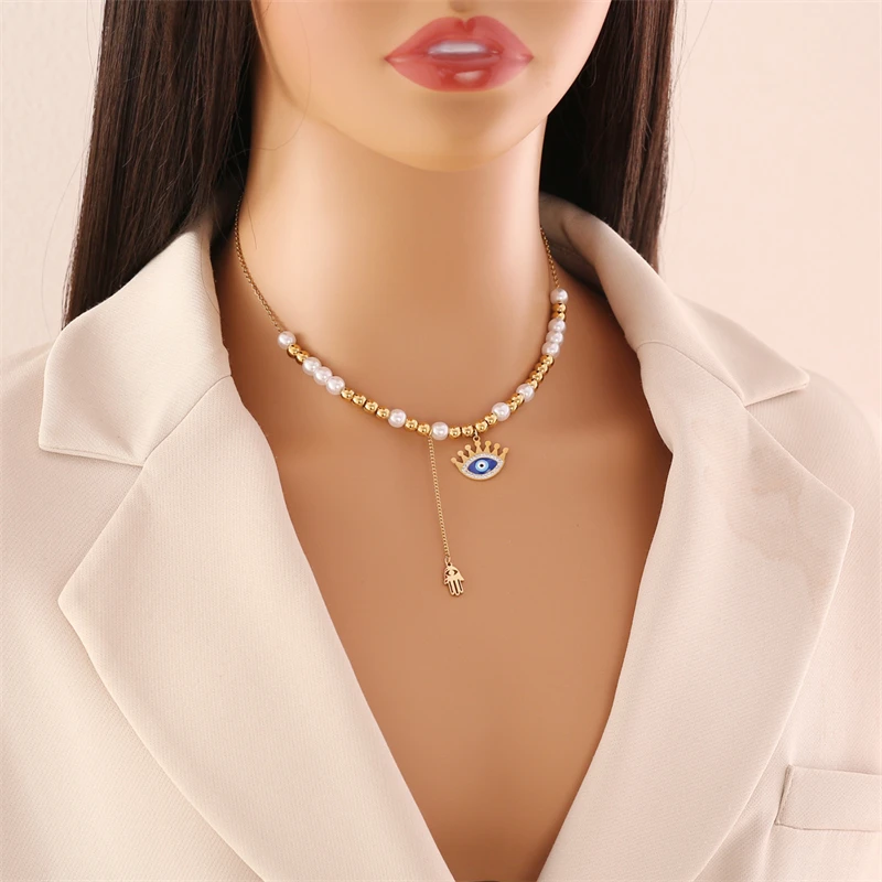 316L Stainless Steel New Fashion Fine Jewelry Zircon Pearl Palm Eyes Eyelash Charm Chain Necklaces Bracelets Earrings For Women