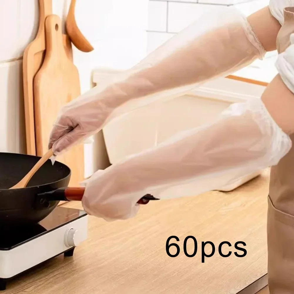 60pcs Long-sleeved Gloves Elastic Disposable Gloves With Extended Cuffs Household Cleaning Highly Elastic 60cm PE Film Gloves