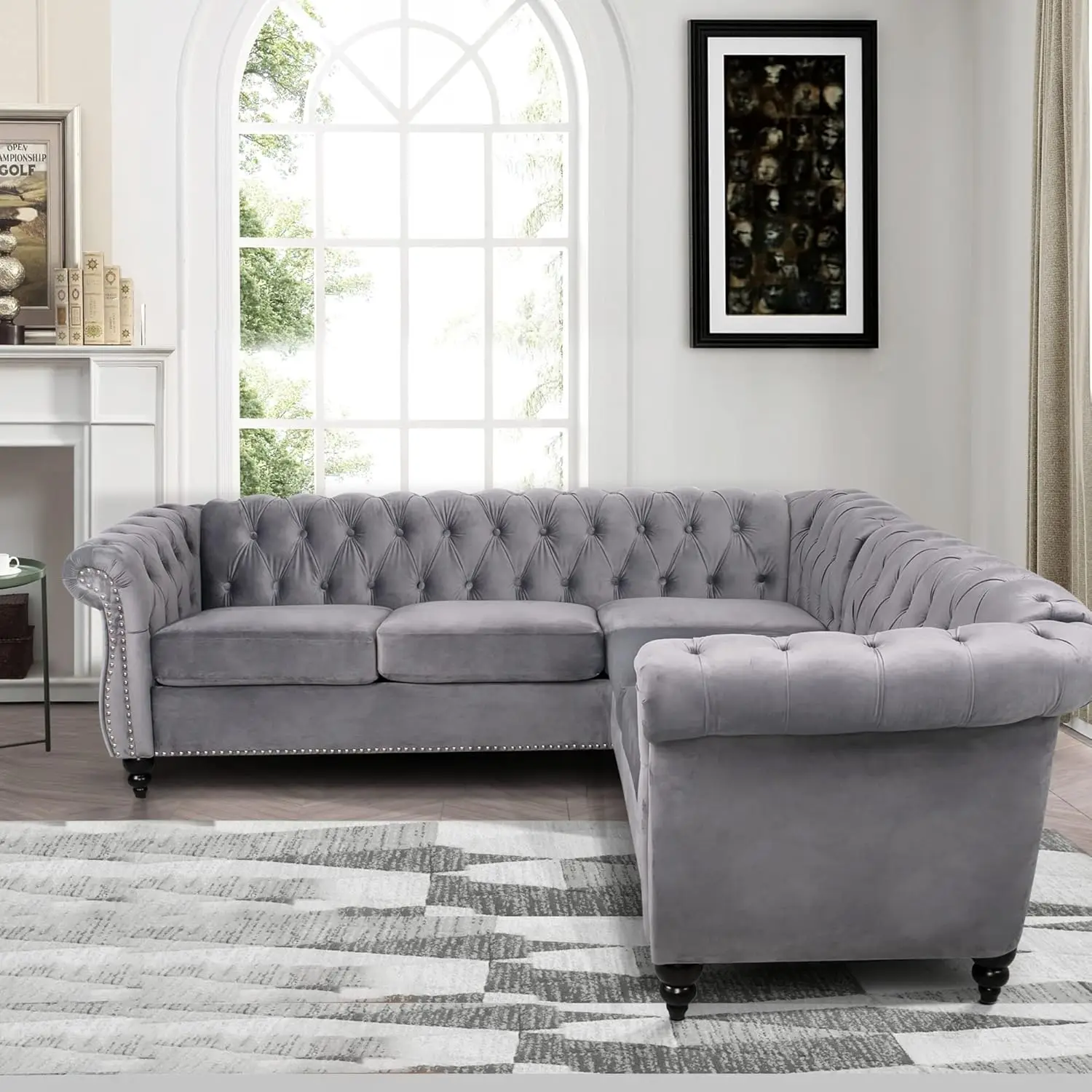 L Shaped Small Sectional Sofa, Chesterfield Velvet Couch Tufted Accent Sofa with Scroll Arms and Nailhead for Living Room