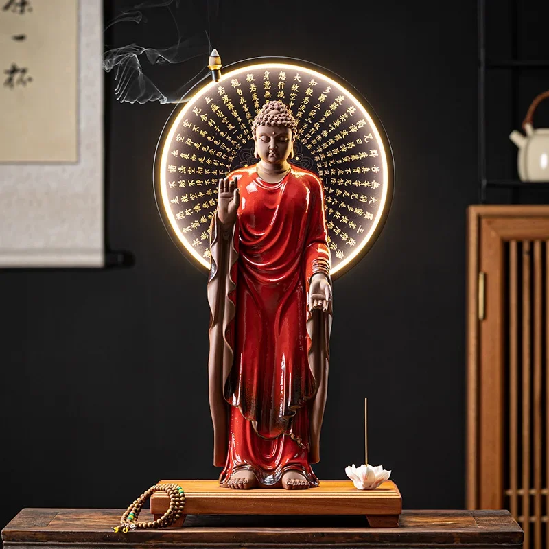 Western Three Holy Ceramic Buddha Ornaments New Chinese Home Decoration LED Light Ring Buddhist Ornaments