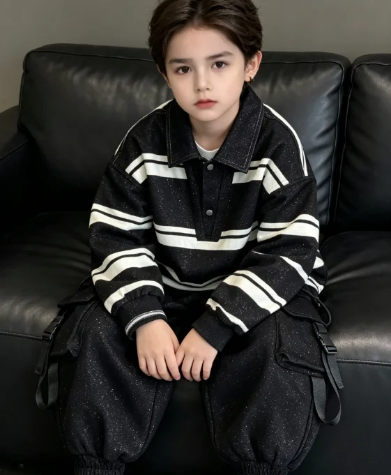 Boys Suit 2026 Autumn and Winter New Childrens Wear Korean Style Boys and Girls Striped Lapel Top with Silver Overalls Two Sets