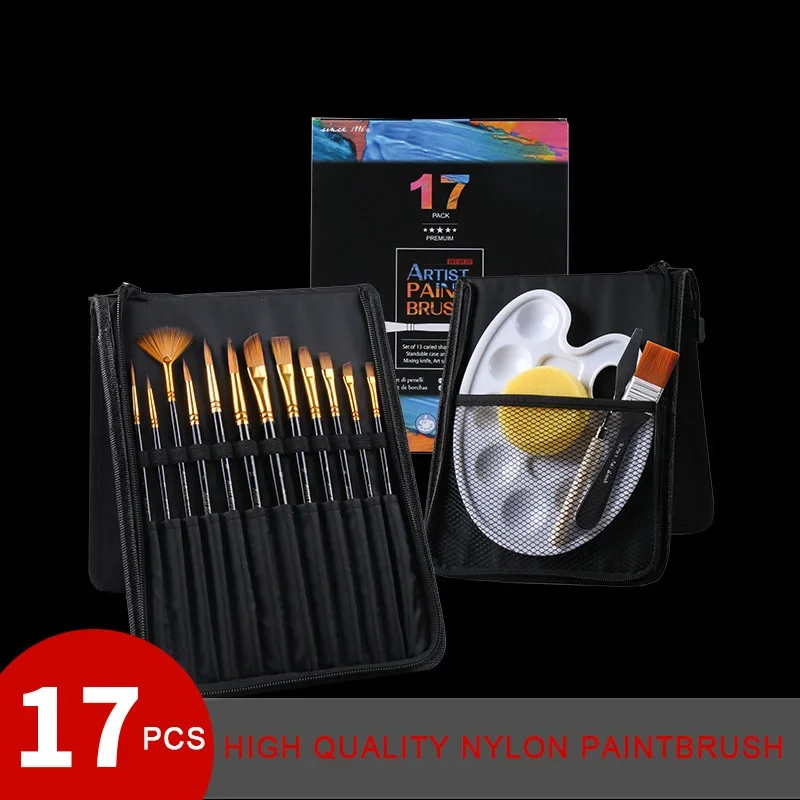 17-piece High quality nylon hair watercolor paint brushes with palette Oil paintbrush wrap brush set art supplies for painting