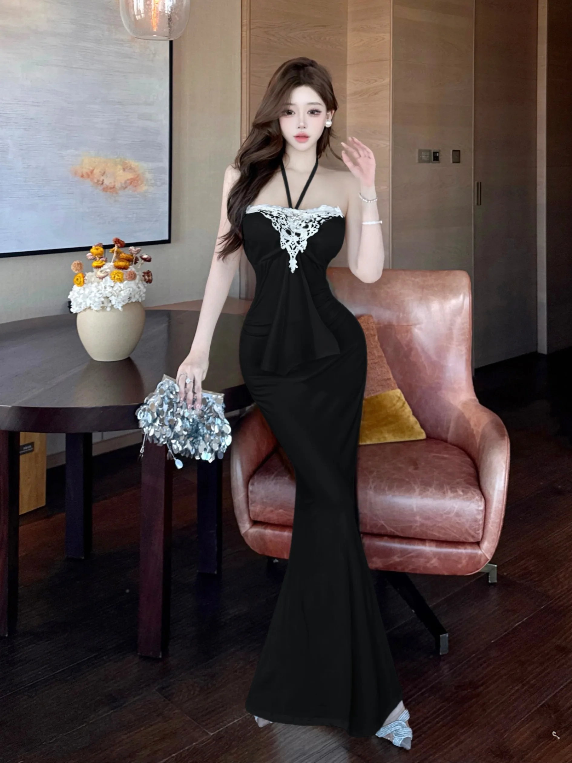 

Ретро Sle Pure Desire с кружевными вставками, облегающее длинное платье, женское дизайнерское чувственное облегающее платье с хвостом, средняя талия, без свера