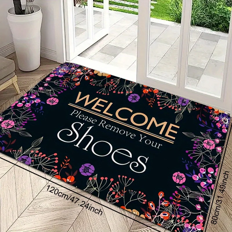 1pc Doorway Welcome Floor Mat, Spring Rustic Style Colorful Beautiful Floral Framed Edge Monogrammed Printed Rug, Non-Slip Pol