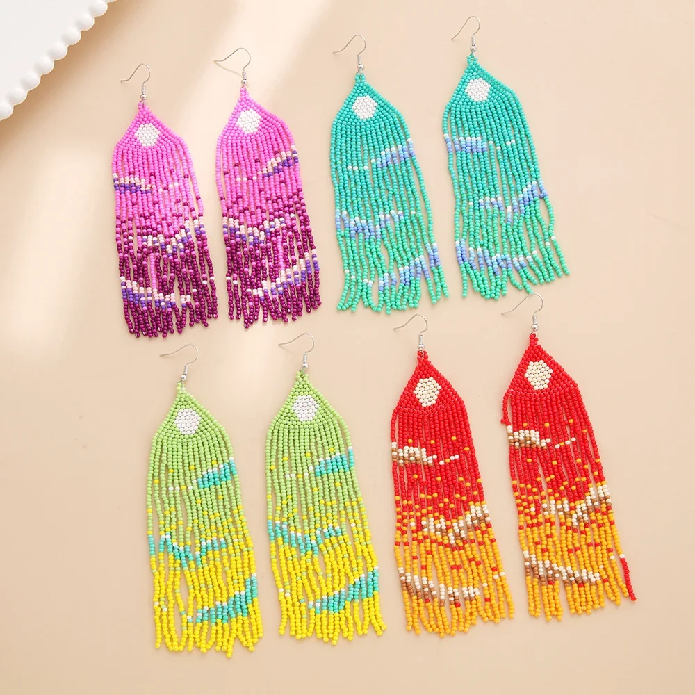 

2025 Handmade Bead Earrings Geometry Sun Hand Weaving Tassels Bohemia Gradient Color Beaded Earrings For Women